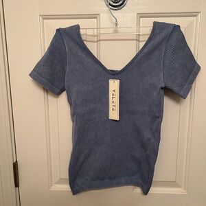 Yelete Blue Ribbed Short Sleeve Top -OS